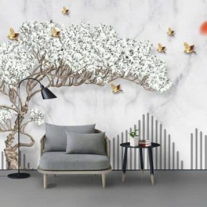 Tranh dán tường 3D cây hoa trắng và chim vàng TDT590