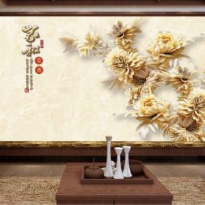 Tranh dán tường 3D hoa mẫu đơn vàng TDT605