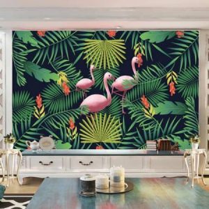 Tranh dán tường 3D chim hồng hạc và lá xanh TDT610