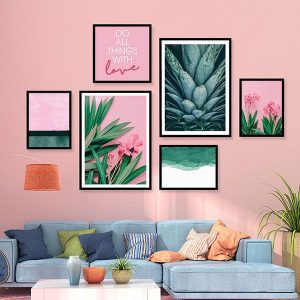 Bộ 6 khung tranh treo tường thiên nhiên xanh hồng ms06144