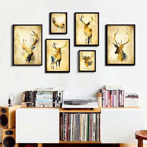 Bộ 6 tranh hươu nghệ thuật vẽ màu nước MS066